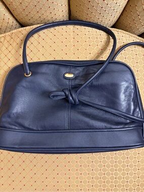 Navy Leather Shoulder Bag with Knotted Strap